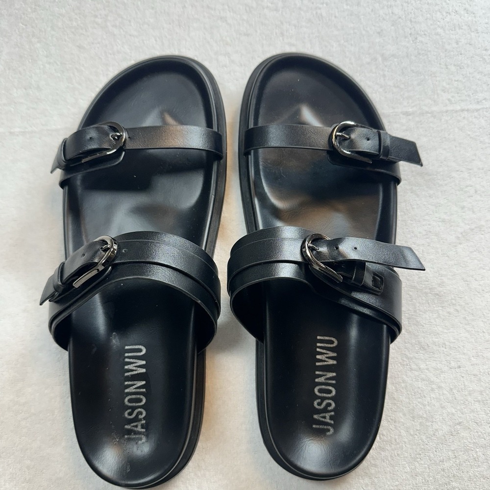 Jason Wu Rhonda Black Double Strap Buckle Slide Sandals Women's Size 7.5 Casual